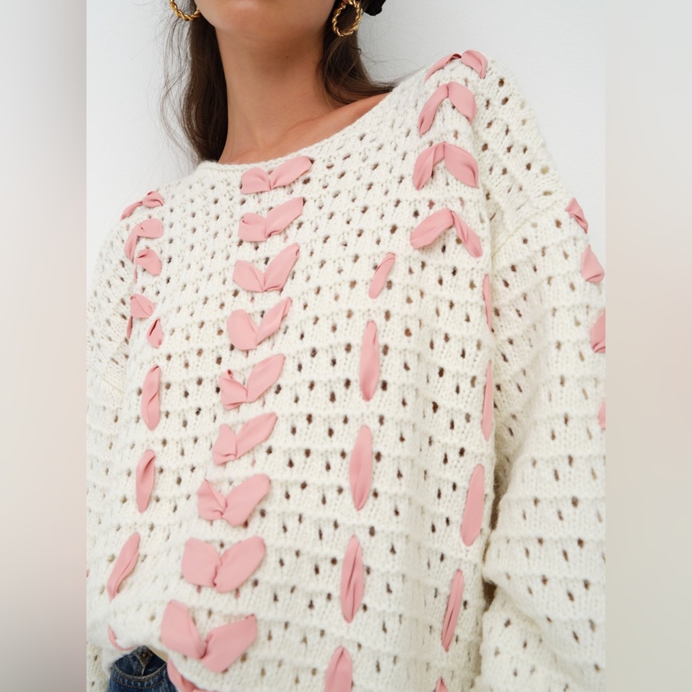 For Love And Lemons Laurel Oversized Pink Ribbon Sweater Size Small NWT - Picture 8 of 14